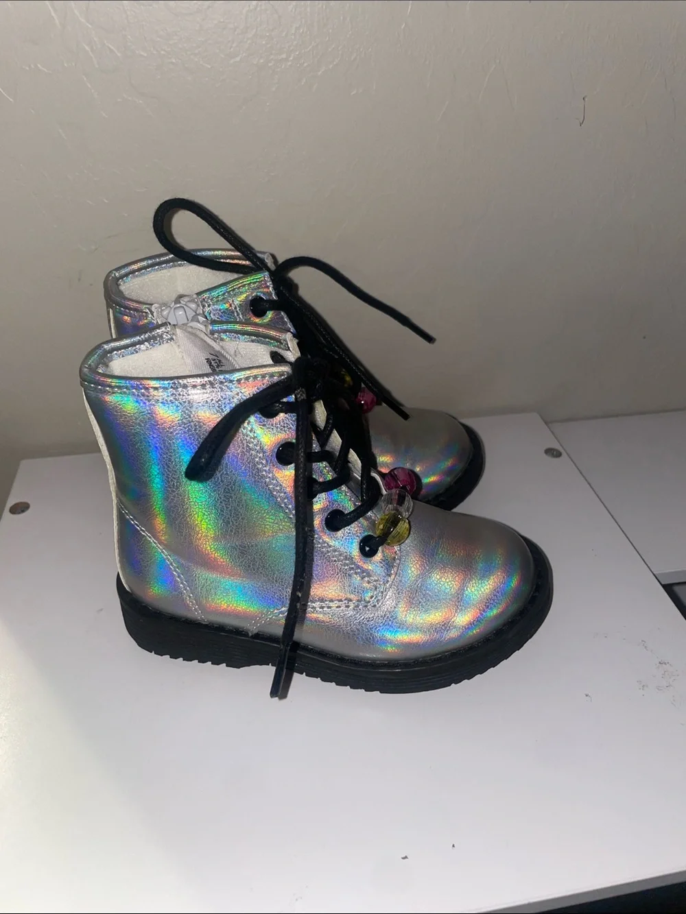 Kids Holographic Lace-Up Ankle Boots - Silver